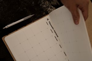 Adult flipping through a monthly planner with pen nearby, emphasizing organization.