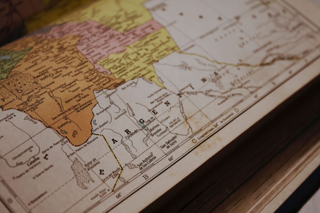 pexels photo 13823339 13823339 Close-up of a vintage map showing Argentina and parts of South America with detailed geography.